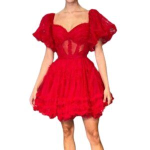Sherri Hill Vibrant Red Lace Puff-Sleeve Mini Dress